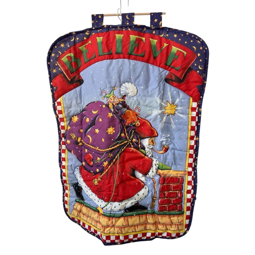 Believe‎ Christmas Santa Fabric Wall Hanging Quilted Holiday Decor Over 3 Ft